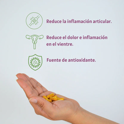 Mediamento Biodepur en mano cpon tres benficios destacados: 1) Reduce la inflamación articular, 2) Alivia el dolor e inflamación en el vientre, 3) Fuente de antioxidantes.