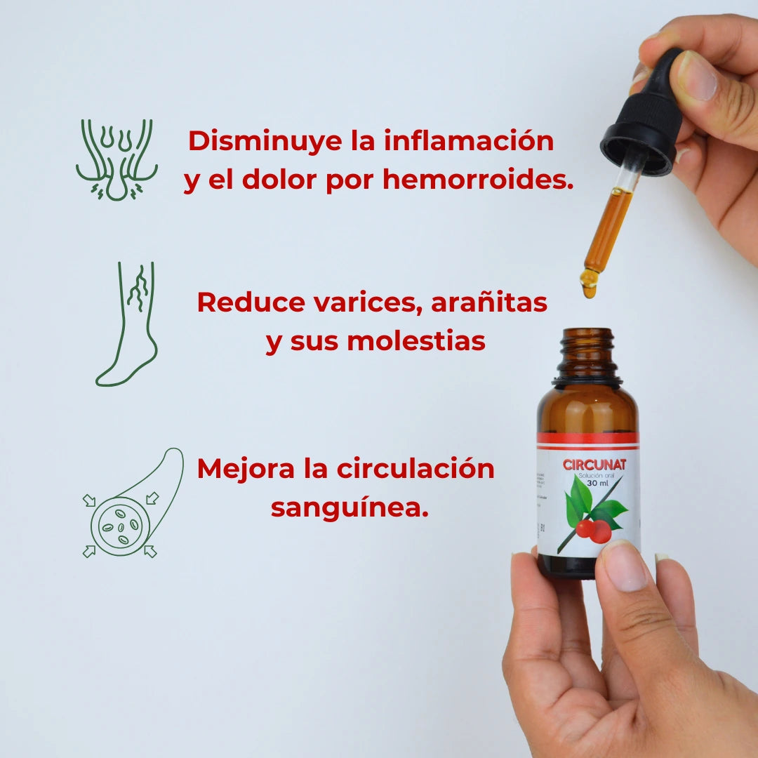 Se muestra el frasco de Circunat en una mano, mientras la otra sostiene un gotero con el líquido. Tres beneficios principales: 1) 'Disminuye la inflamación y el dolor por hemorroides', 2) 'Reduce varices, arañitas y sus molestias', 3) 'Mejora la circulación sanguínea'."