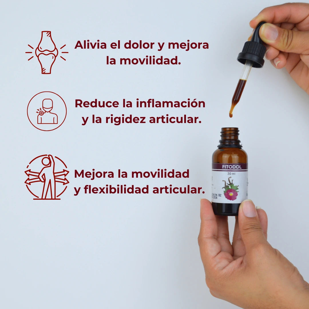 Frasco del medicamento Fitodol en una mano, mientras la otra sostiene un gotero con el líquido. Tres beneficios destacados: 1) 'Alivia el dolor y mejora la movilidad', 2) 'Reduce la inflamación y la rigidez articular', 3) 'Mejora la movilidad y flexibilidad articular'."