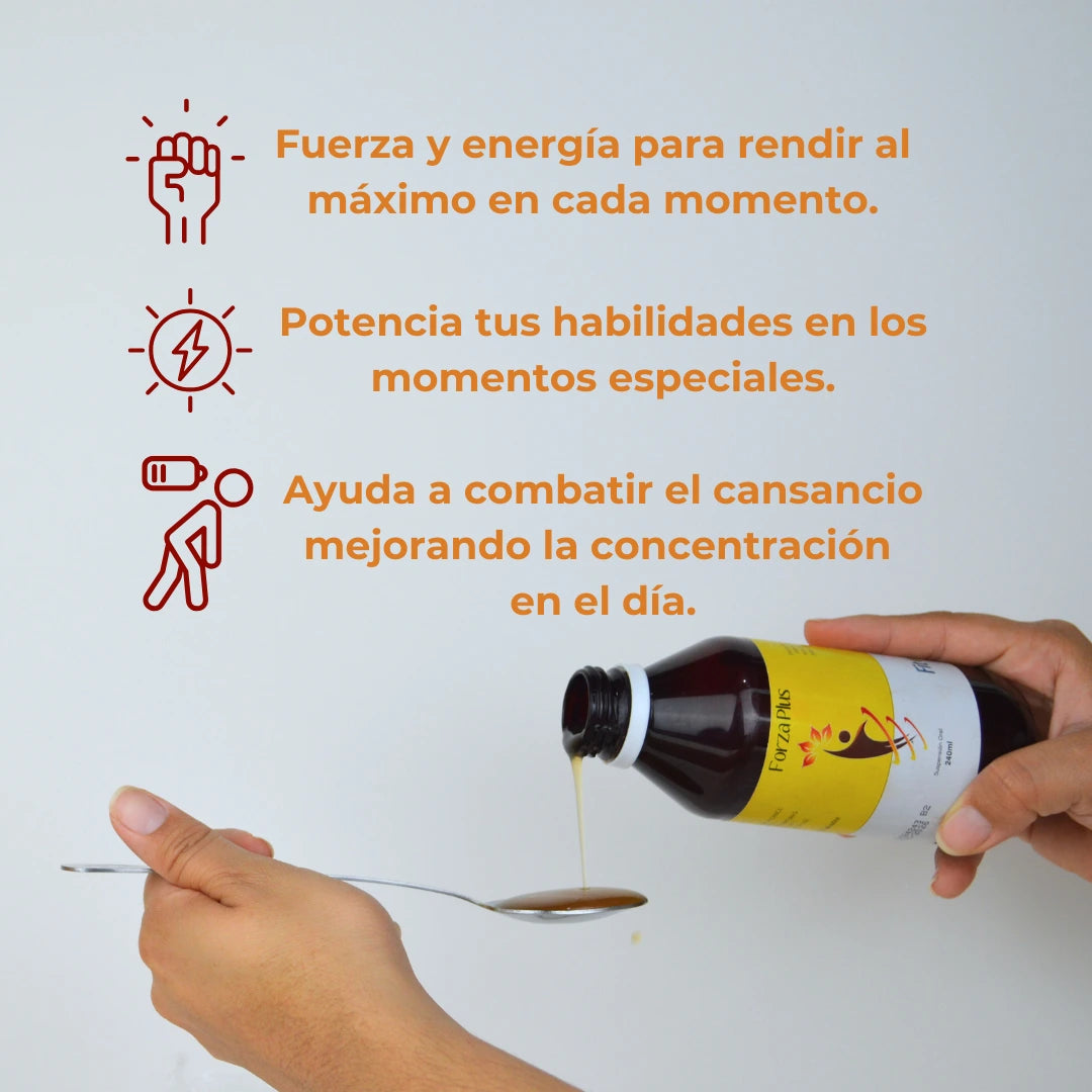 Se muestran manos sirviendo una cucharadita de Forza Plus desde su frasco. En La parte superior se muestra tres iconos con mensajes:  “Fuerza y energía para rendir al máximo”, “Potencia tus habilidades en momentos especiales” y “Ayuda a combatir el cansancio mejorando la concentración”. 