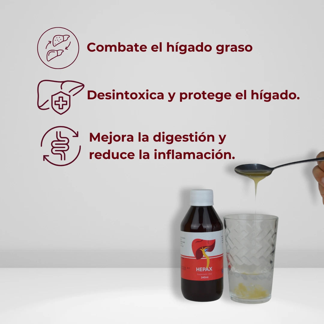 Se muestra rasco del medicamento Hepax junto a un vaso donde una cuchara está vertiendo medicamento. En la parte superior se muestran 3 beneficios principales: 1) 'Combate el hígado graso', 2) 'Desintoxica y protege el hígado', 3) 'Mejora la digestión y reduce la inflamación'.