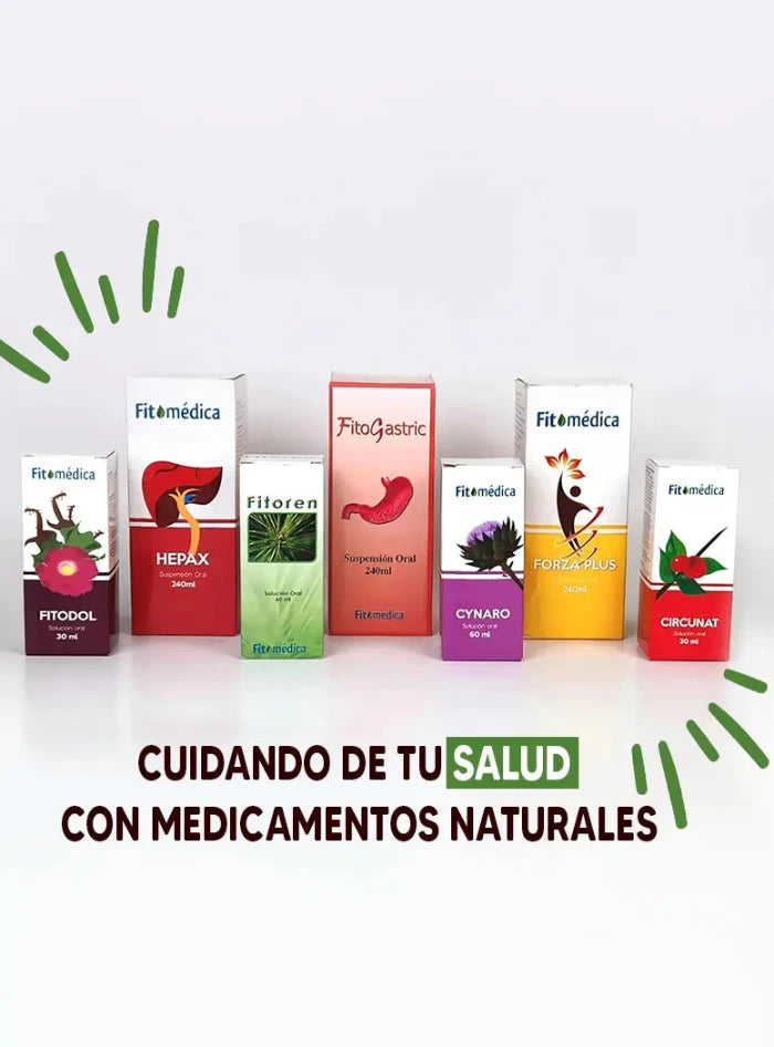 "Presentación de los medicamentos naturales, una línea de medicamentos naturales diseñada para el cuidado de la salud. Incluye Fitodol, Hepax, Fitoren, Fitogastric, Cynaro, Forza Plus y Circunat, organizados con sus empaques individuales. Un mensaje resalta: 'Cuidando de tu salud con medicamentos naturales'."